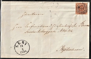 FRIMÆRKER DANMARK | 1854-57 - AFA 4 - 4 Skilling brun på brev - Stemplet 112 Sæby